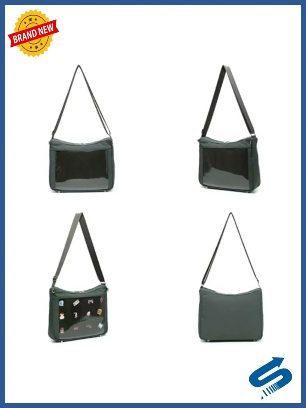 Canvas Crossbody Ita Bag with Clear Window for Pins, Adjustable Shoulder Strap,